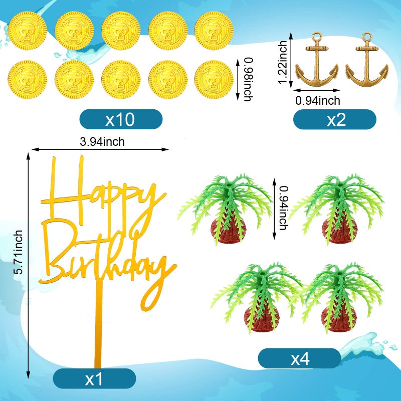 Charniol 32 Pcs Pirate Ship Cake Topper Nautical Sailboat Model Decoration Set Gold Coins Pirate Gems Treasure Telescope For Birthday Party Supplies - Image 4