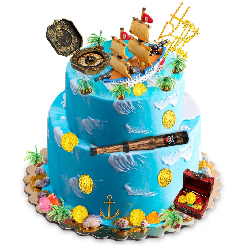 Charniol 32 Pcs Pirate Ship Cake Topper Nautical Sailboat Model Decoration Set Gold Coins Pirate Gems Treasure Telescope For Birthday Party Supplies - Image 1