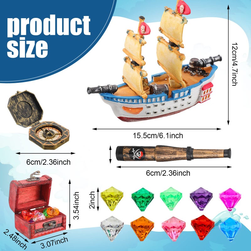 Charniol 32 Pcs Pirate Ship Cake Topper Nautical Sailboat Model Decoration Set Gold Coins Pirate Gems Treasure Telescope For Birthday Party Supplies - Image 3