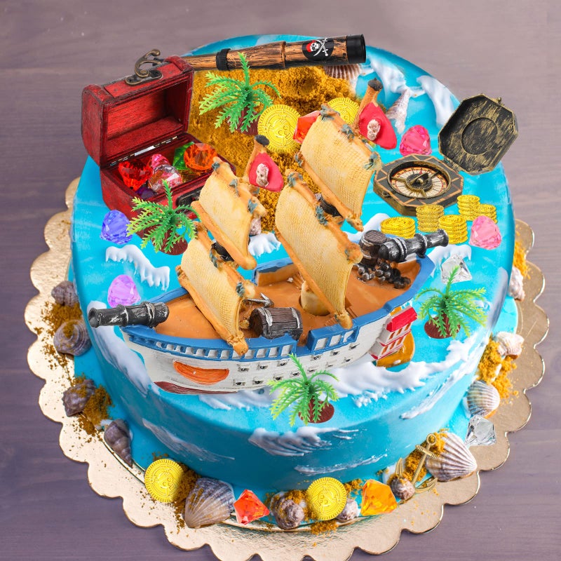 Charniol 32 Pcs Pirate Ship Cake Topper Nautical Sailboat Model Decoration Set Gold Coins Pirate Gems Treasure Telescope For Birthday Party Supplies - Image 2
