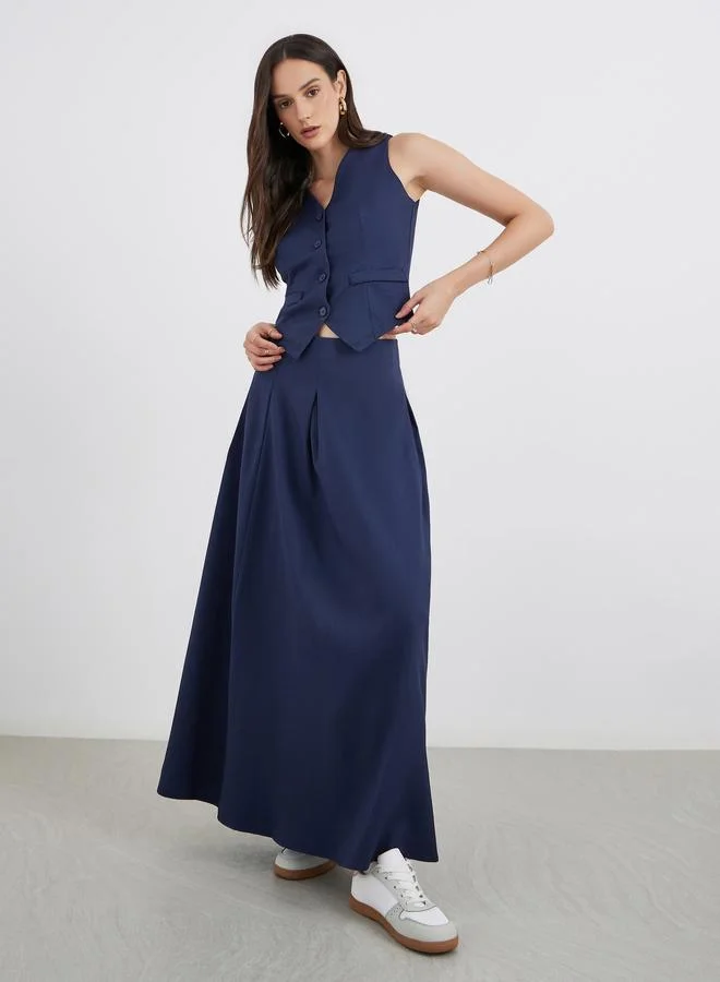 Styli Styli Navy Blue Waistcoat and Maxi Skirt Co-Ords