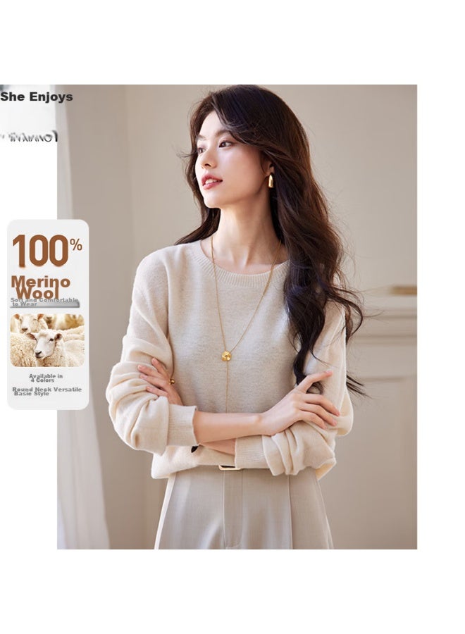 She Enjoys 100% Pure Wool Sweater, Women's Round Neck, Warm Top, Autumn And Winter Inner Layer, Base Layer, Knitted Sweater, T144z8004 - Image 1