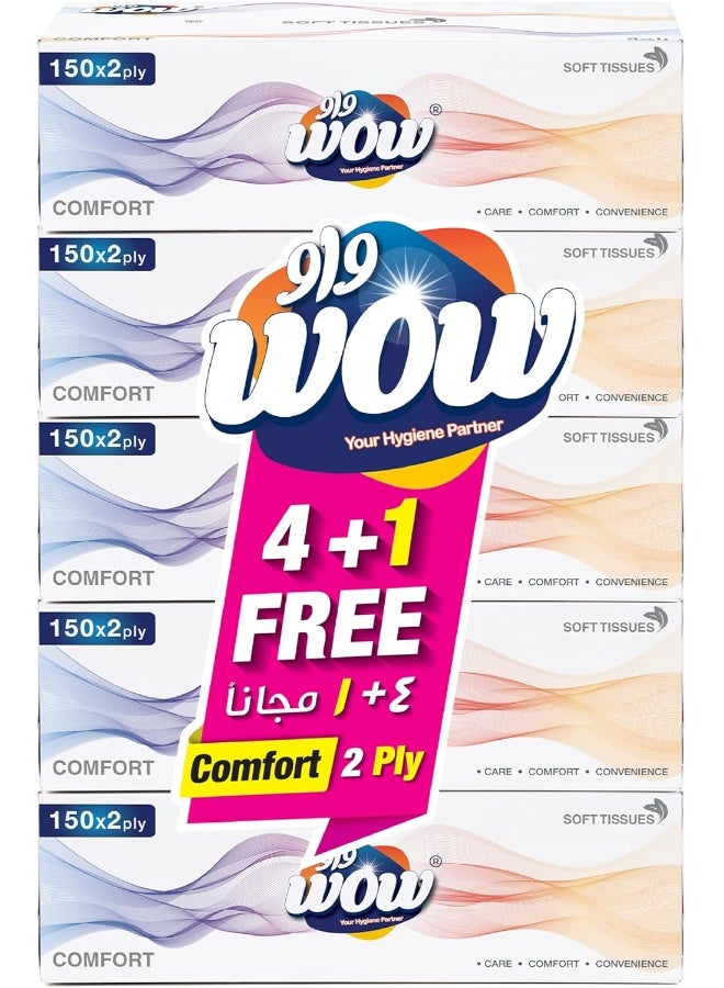 WOW Facial Comfort 150 x 2 Ply Tissue - 4 + 1 Free Box - Image 1