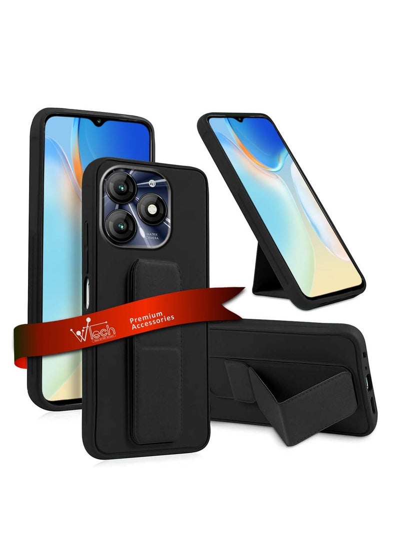 Wtech Itel A70 4G 2023 Hand Grip Foldable Magnetic Kickstand Wrist Strap Finger Grip With Built-In Iron Case Cover - Black - Image 1