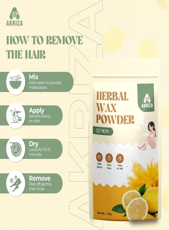 AKRIZA Painless Herbal Wax Powder for Hair Removal - 125g | For Women & Men | Quick & Easy Use on Hands, Legs, Underarms, Bikini & Intimate Areas | No Chemicals, No Irritation, All Skin Types (125 Gm, Lemon) - Image 2