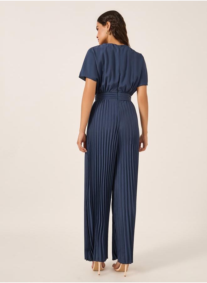 Styli Pleated Wide Leg Round Neck Jumpsuit  - Image 4
