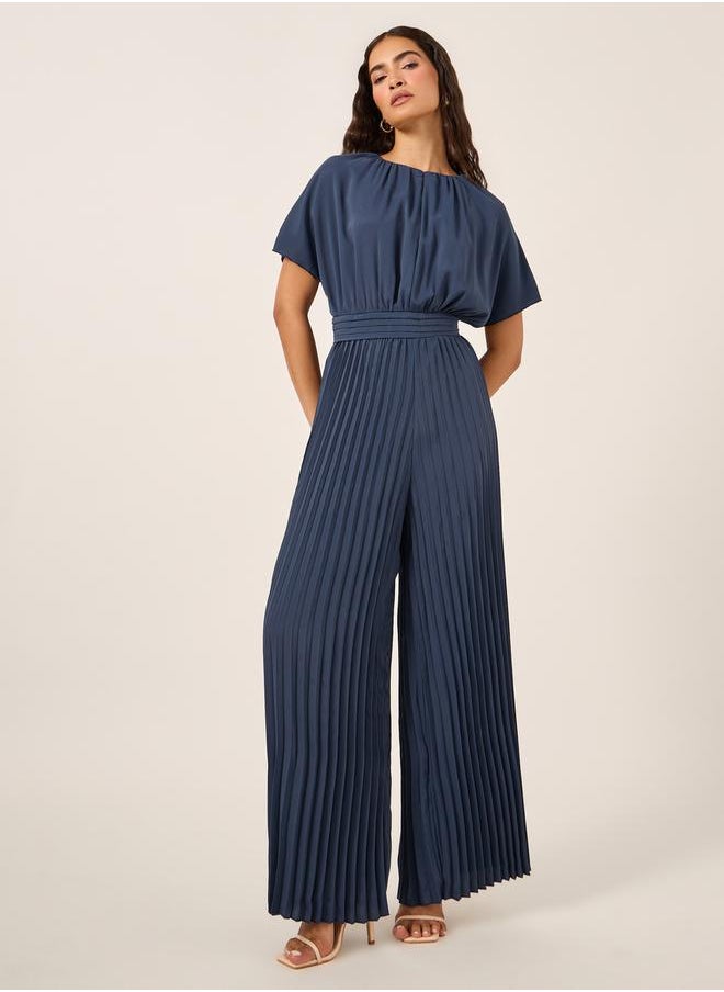 Styli Pleated Wide Leg Round Neck Jumpsuit  - Image 1