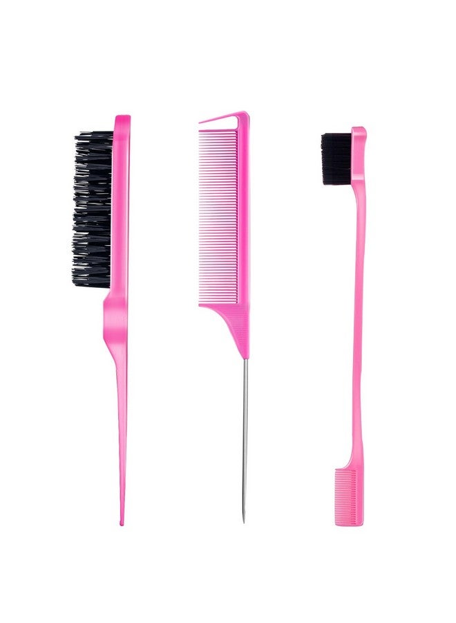 Goiple 3 Pieces Hair Styling Comb Set Teasing Hair Brush Rat Tail Comb Edge Brush for Edge&Back Brushing, Combing, Slicking Hair for Women (Pink) - Image 1