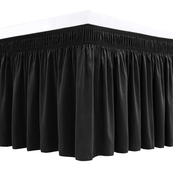 WRAP AROUND BED SKIRTS FOR QUEEN BEDS SHORT DROP OF 12 BLACK ADJUSTABLE ELASTIC DUST RUFFLES EASY FIT WRINKLE RESISTANT SILKY LUXURIOUS FABRIC MACHINE WASHABLE