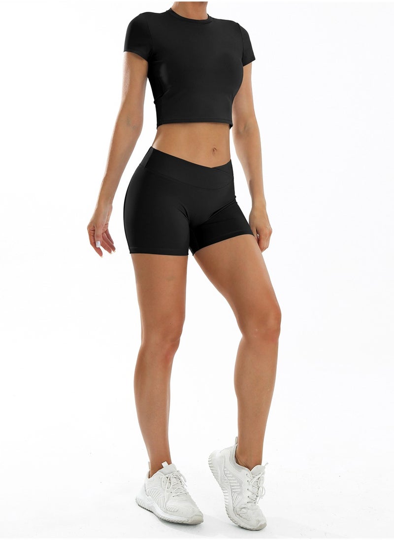 General Yoga Outfits for Women 2 Piece Set Tracksuit Short Sleeve Crop Top Push Up Shorts Sportswear  - Image 2