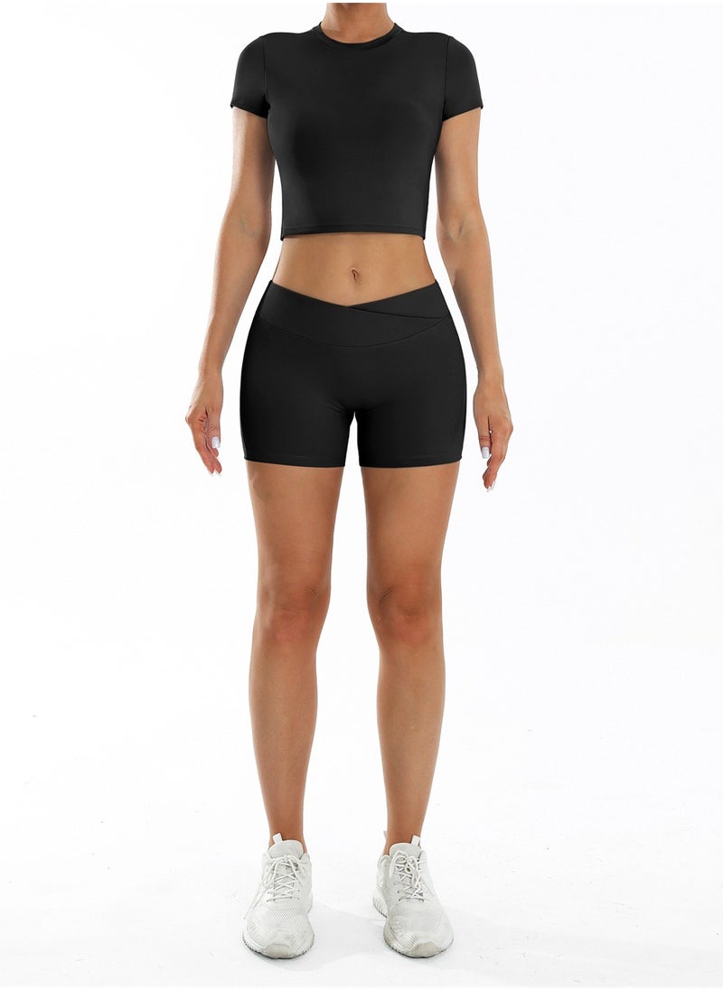 General Yoga Outfits for Women 2 Piece Set Tracksuit Short Sleeve Crop Top Push Up Shorts Sportswear  - Image 1