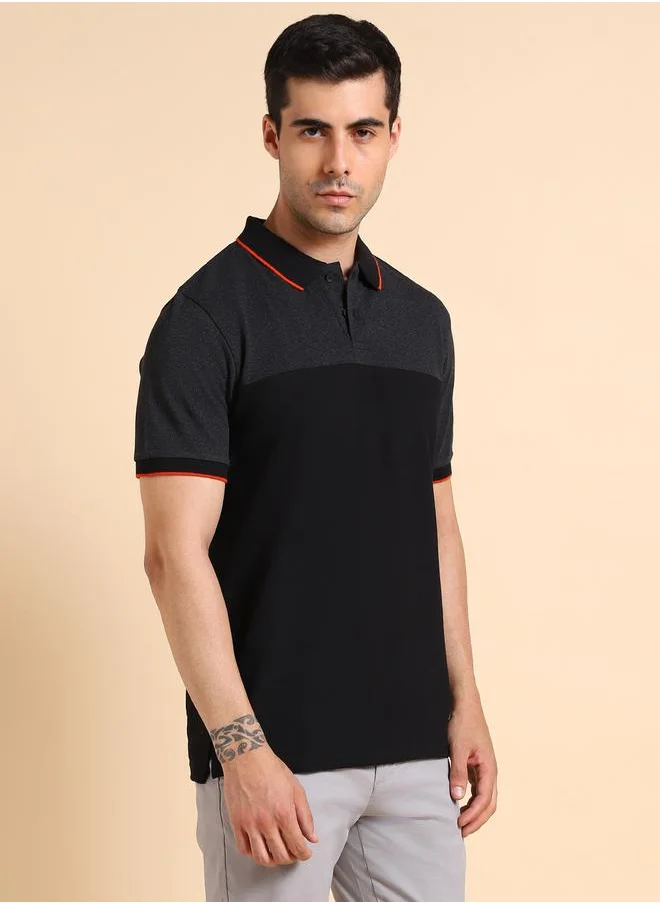 دينيس لينغو Men's Black 100% Cotton Colourblocked Regular Fit T-Shirt