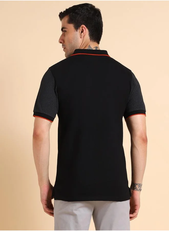 دينيس لينغو Men's Black 100% Cotton Colourblocked Regular Fit T-Shirt