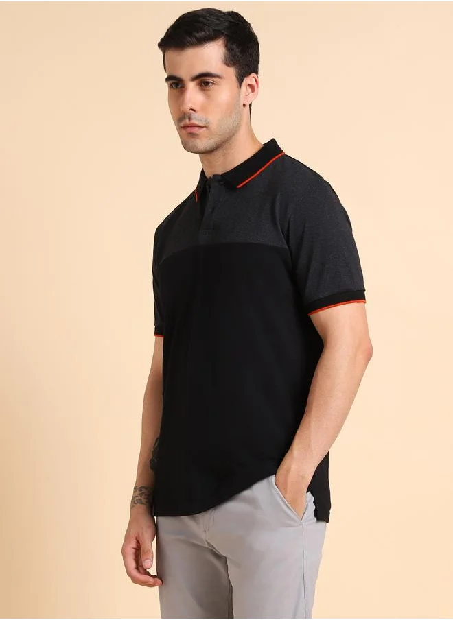 دينيس لينغو Men's Black 100% Cotton Colourblocked Regular Fit T-Shirt