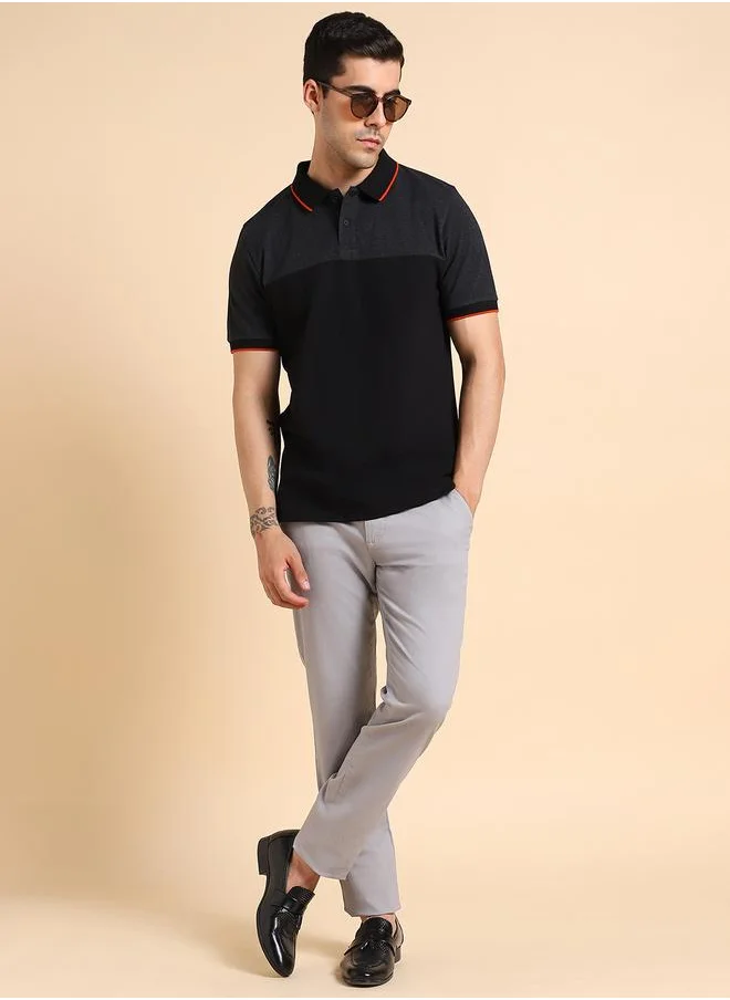 دينيس لينغو Men's Black 100% Cotton Colourblocked Regular Fit T-Shirt