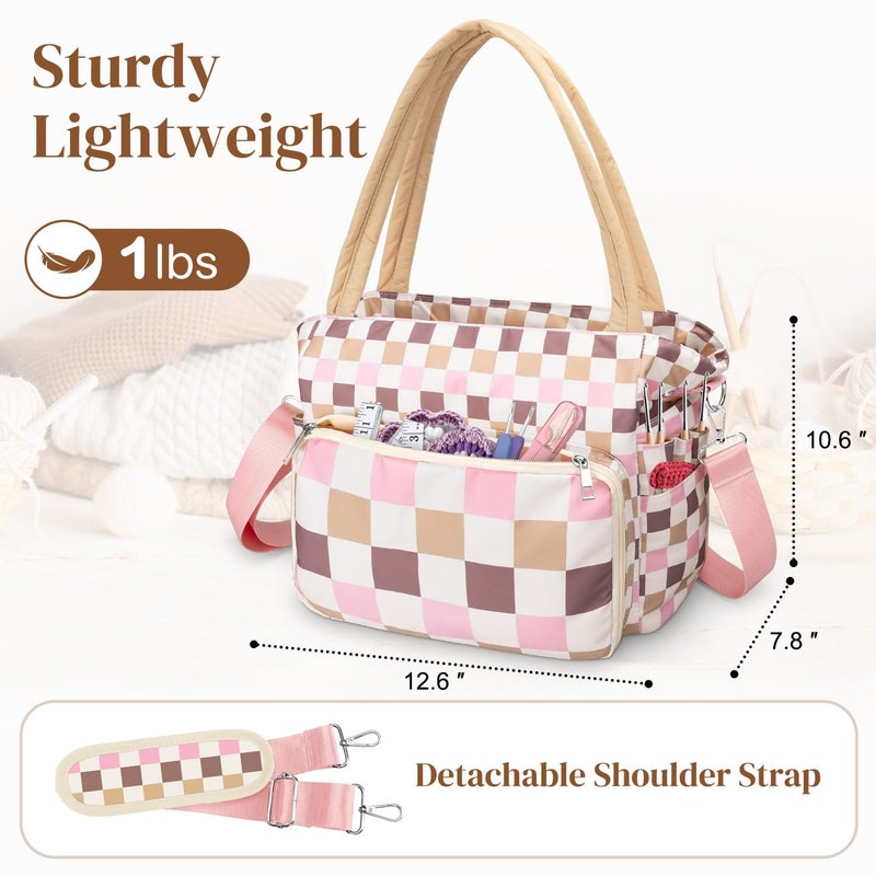 DALINDA Crochet Bag and Tote - Yarn Bag Crochet Storage Bag for Crochet Supplies,Crochet Accessories, Knitting Bag for Crochet Lovers, Ideal Crochet Gifts (Beige Plaid) - Image 5