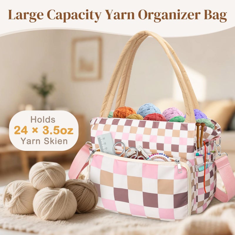 DALINDA Crochet Bag and Tote - Yarn Bag Crochet Storage Bag for Crochet Supplies,Crochet Accessories, Knitting Bag for Crochet Lovers, Ideal Crochet Gifts (Beige Plaid) - Image 2