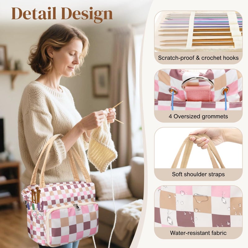 DALINDA Crochet Bag and Tote - Yarn Bag Crochet Storage Bag for Crochet Supplies,Crochet Accessories, Knitting Bag for Crochet Lovers, Ideal Crochet Gifts (Beige Plaid) - Image 4