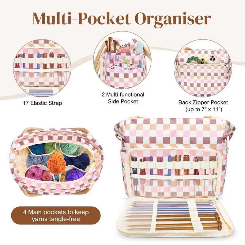 DALINDA Crochet Bag and Tote - Yarn Bag Crochet Storage Bag for Crochet Supplies,Crochet Accessories, Knitting Bag for Crochet Lovers, Ideal Crochet Gifts (Beige Plaid) - Image 3