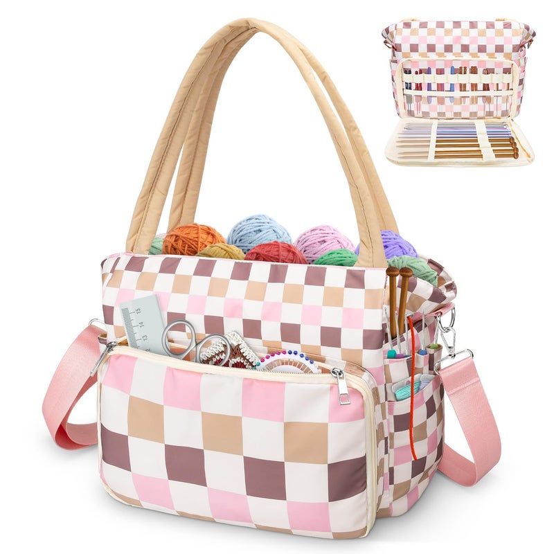 DALINDA Crochet Bag and Tote - Yarn Bag Crochet Storage Bag for Crochet Supplies,Crochet Accessories, Knitting Bag for Crochet Lovers, Ideal Crochet Gifts (Beige Plaid) - Image 1
