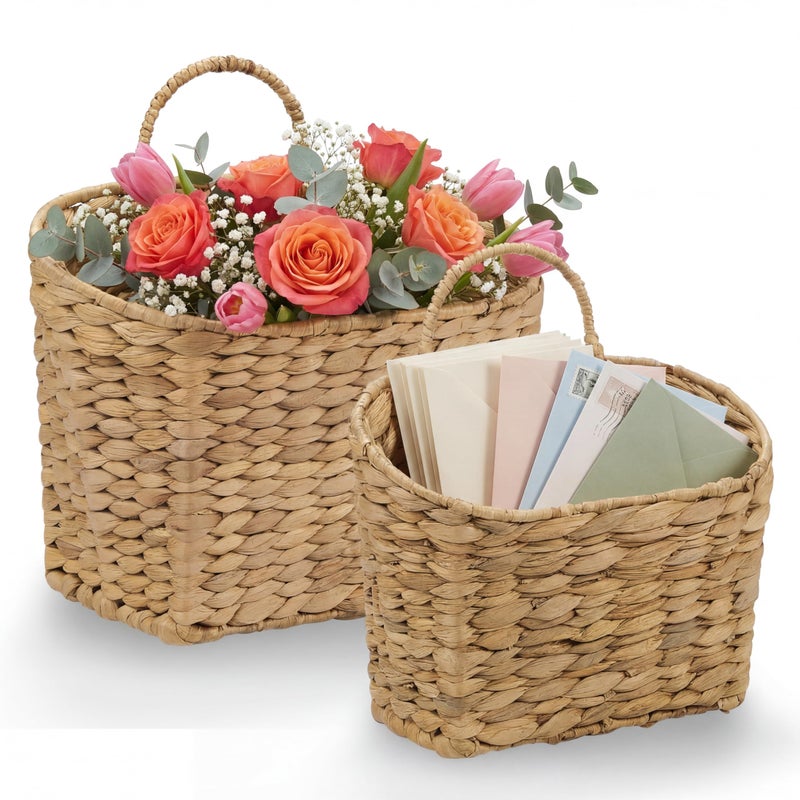 84ECO Set of 2 Wicker Hanging Basket for Organizing, Front Door, Mail, Flowers - Woven Wall Baskets for Storage (Hyacinth Natural â€“ Solid Weave) - Image 1