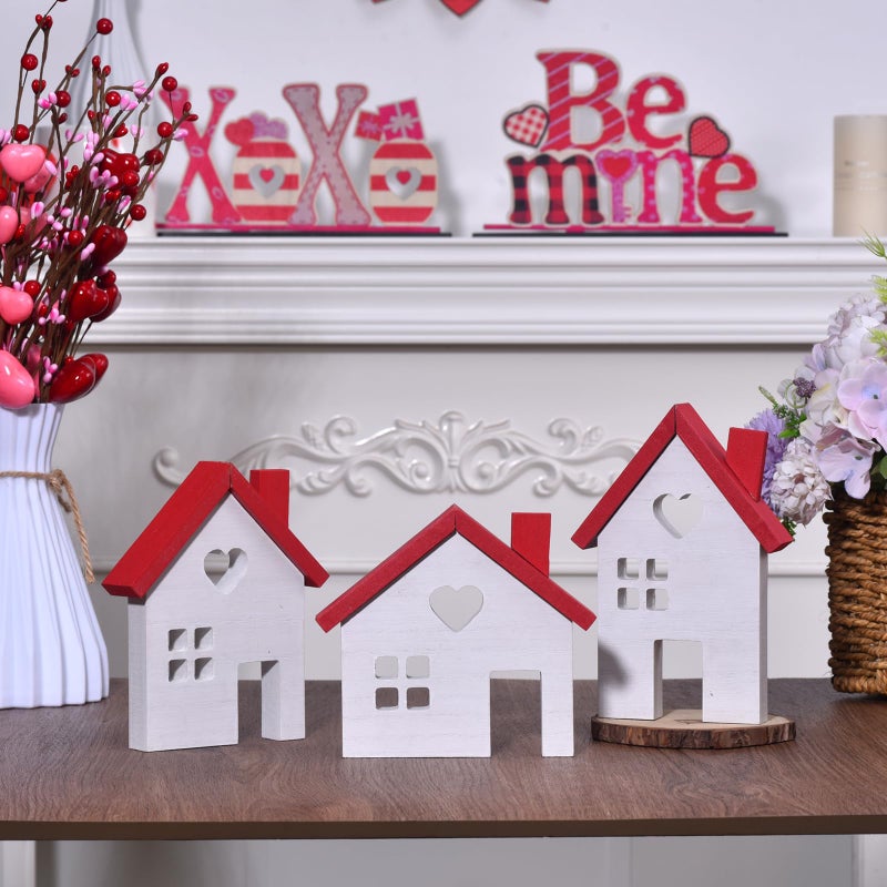 GHOSTMAGIC Valentine's Day Decorations - 3PCs Rustic Wooden House Block Signs, Wood House Cutouts for Holiday Decorations, Valentines Tiered Tray Centerpiece, Christmas Village, Farmhouse Tabletop Decor (white) - Image 2