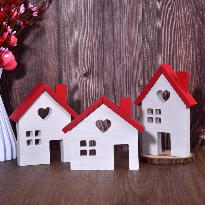 GHOSTMAGIC Valentine's Day Decorations - 3PCs Rustic Wooden House Block Signs, Wood House Cutouts for Holiday Decorations, Valentines Tiered Tray Centerpiece, Christmas Village, Farmhouse Tabletop Decor (white) - Image 1