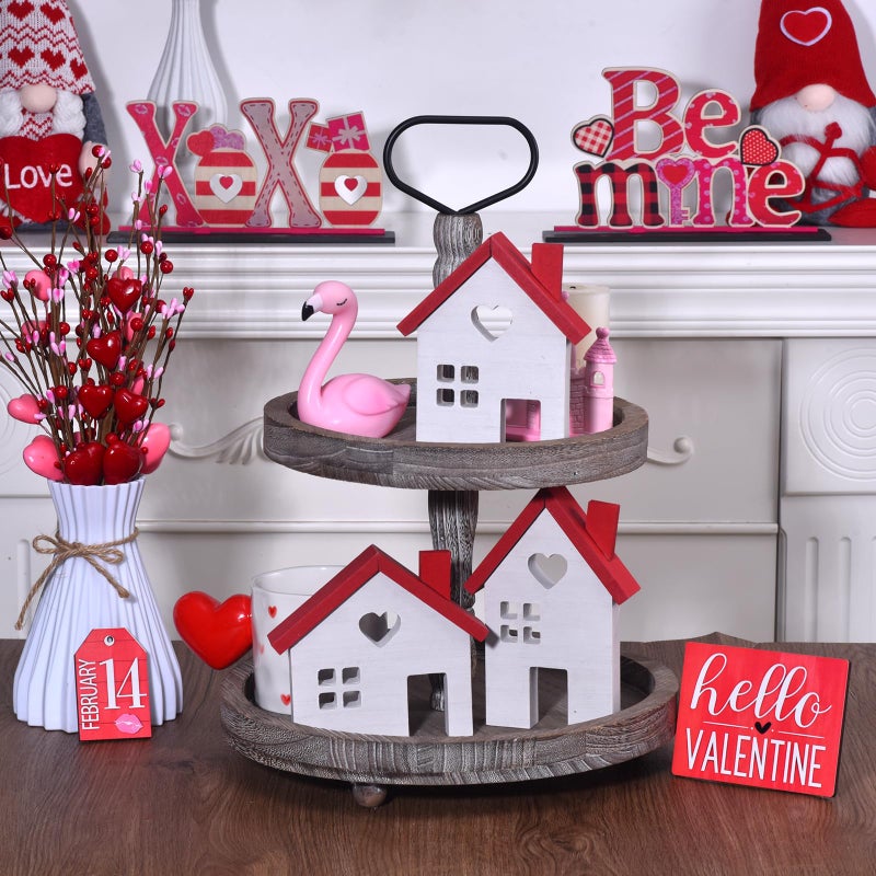 GHOSTMAGIC Valentine's Day Decorations - 3PCs Rustic Wooden House Block Signs, Wood House Cutouts for Holiday Decorations, Valentines Tiered Tray Centerpiece, Christmas Village, Farmhouse Tabletop Decor (white) - Image 4