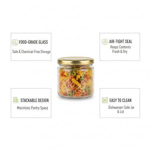 MACHAK Round Glass Jar Kitchen Storage Container With Metal Golden Cap, 350ml, Clear (Set of 4) - Image 4