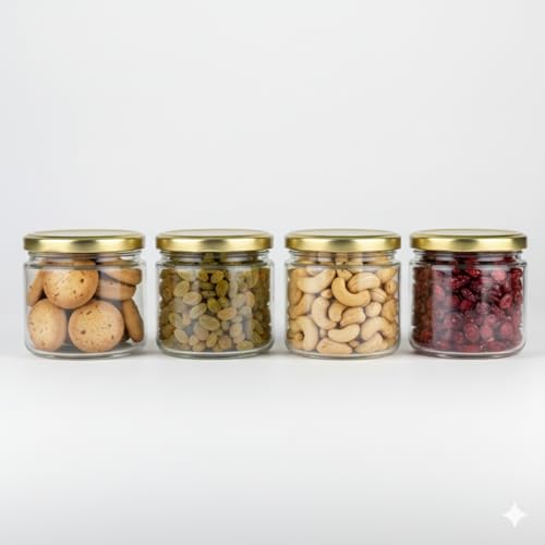 MACHAK Round Glass Jar Kitchen Storage Container With Metal Golden Cap, 350ml, Clear (Set of 4) - Image 1