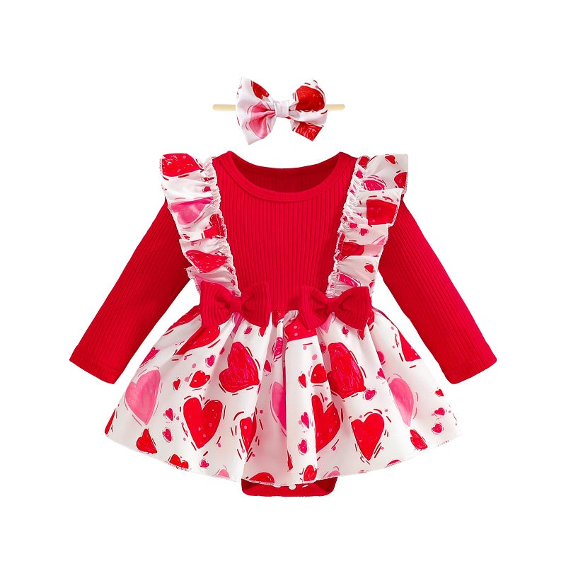 WOLBAY Newborn Infant Valentines Baby Girl Outfit Love Print Romper Drees Ruffles Bodysuit Jumpsuit Clothes And Headband (Red, 6-12 Months) - Image 1