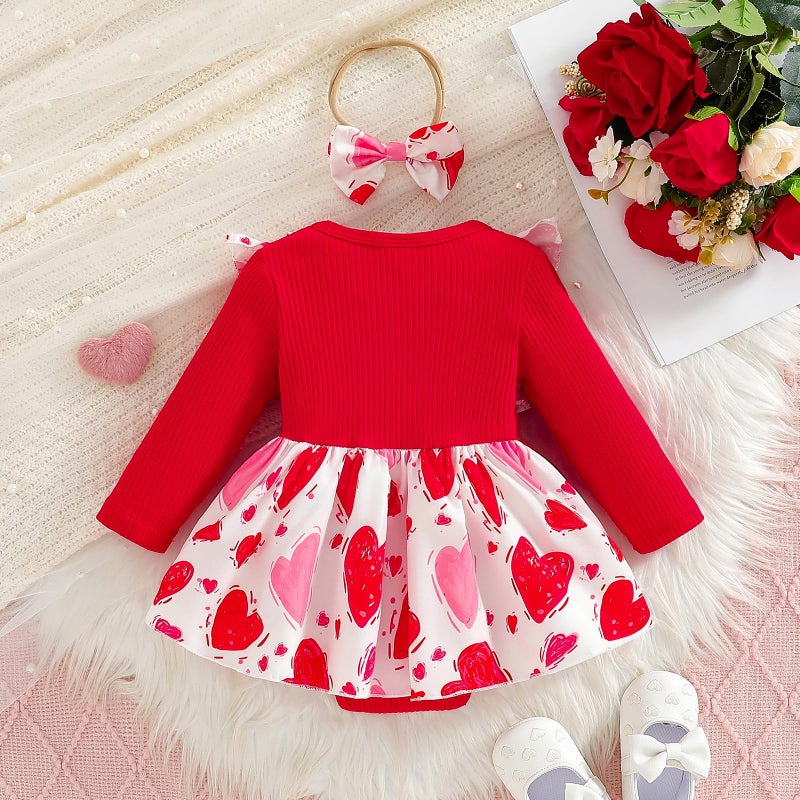 WOLBAY Newborn Infant Valentines Baby Girl Outfit Love Print Romper Drees Ruffles Bodysuit Jumpsuit Clothes And Headband (Red, 6-12 Months) - Image 3