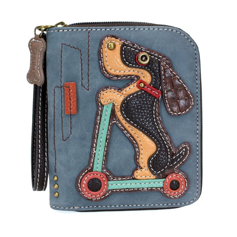 CHALA Zip Around Wallet, Wristlet, 8 Credit Card Slots, Sturdy Pu Leather - Wiener Dog Scooter - Indigo - Image 1