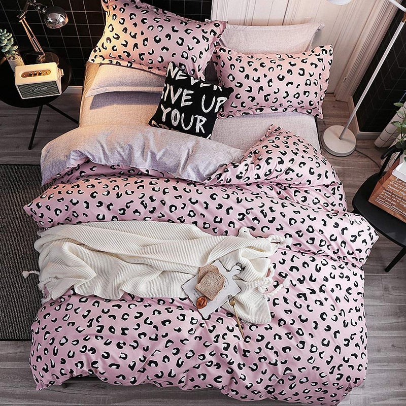 JQWUPUP Cute Leopard Duvet Cover Set Single 3 Pcs Soft Bedding Set with Zipper for Teens Kids Boys Girls Adult Women Durable Reversible Microfiber Single Pink