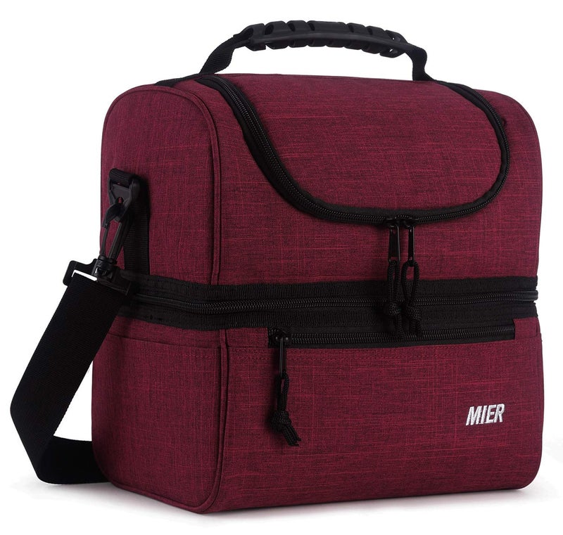 MIER Insulated Lunch Box Insulated Cool Tote Bag Lunch Kit for Men Women Double Deck Cooler Dark Red L
