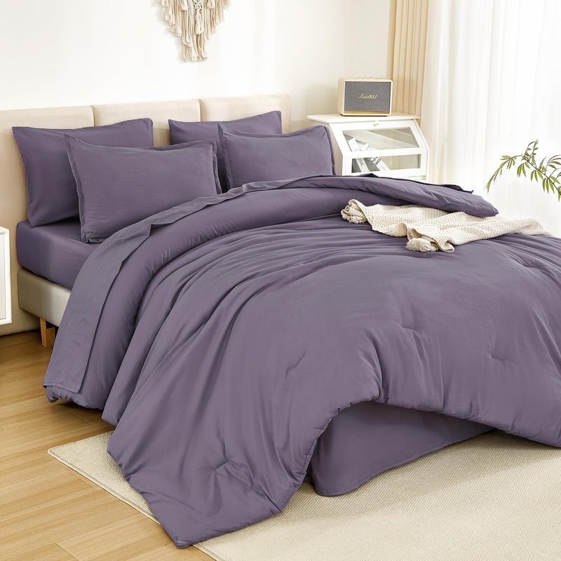 Litanika Litanika Full Size Comforter Sets Grey Purple - 7 Pieces Bed in a Bag Full Beddding Comforter Sets  Solid Lightweight Bed Set with Comforter  Sheets  Pillowcases & Shams  - Image 1