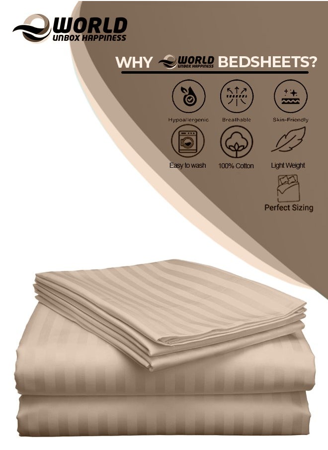 Eworld - 3 Piece Luxury Cream Striped Bed Sheet Set with 1 Flat Sheet and 2 Pillowcases for Hotel and Home Crafted from Ultra Soft and Breathable Cotton for Year-Round Comfort, (Single/Double) - Image 1