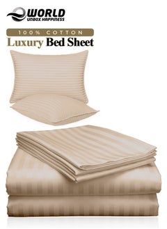 Eworld 3 Piece Luxury Cream Striped Bed Sheet Set with 1 Flat Sheet and 2 Pillowcases for Hotel and Home Crafted from Ultra Soft and Breathable Cotton for Year-Round Comfort, (Single/Double)  - Image 1