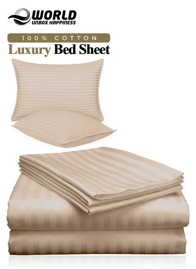 Eworld - 3 Piece Luxury Cream Striped Bed Sheet Set with 1 Flat Sheet and 2 Pillowcases for Hotel and Home Crafted from Ultra Soft and Breathable Cotton for Year-Round Comfort, (Single/Double) - Image 1