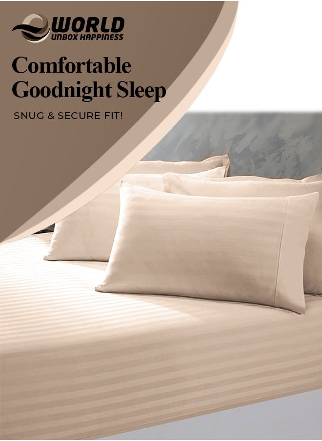 Eworld - 3 Piece Luxury Cream Striped Bed Sheet Set with 1 Flat Sheet and 2 Pillowcases for Hotel and Home Crafted from Ultra Soft and Breathable Cotton for Year-Round Comfort, (Single/Double) - Image 1