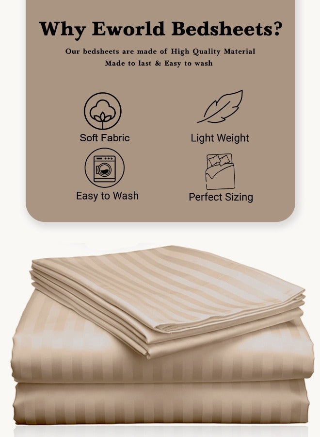 Eworld 3 Piece Luxury Cream Striped Bed Sheet Set with 1 Flat Sheet and 2 Pillowcases for Hotel and Home Crafted from Ultra Soft and Breathable Microfiber for Year-Round Comfort, (Single/Double) - Image 3