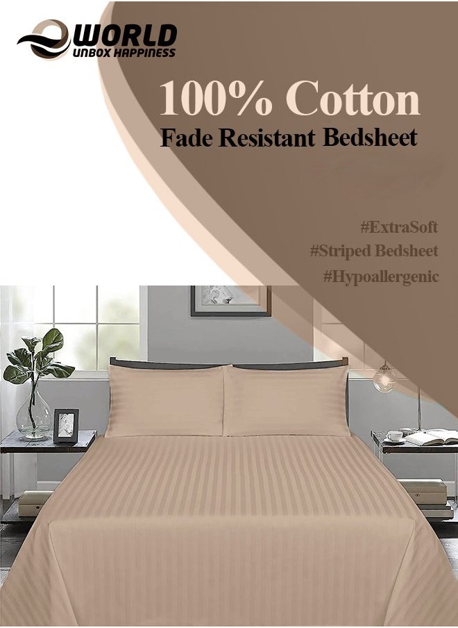 Eworld - 3 Piece Luxury Cream Striped Bed Sheet Set with 1 Flat Sheet and 2 Pillowcases for Hotel and Home Crafted from Ultra Soft and Breathable Cotton for Year-Round Comfort, (Single/Double) - Image 1