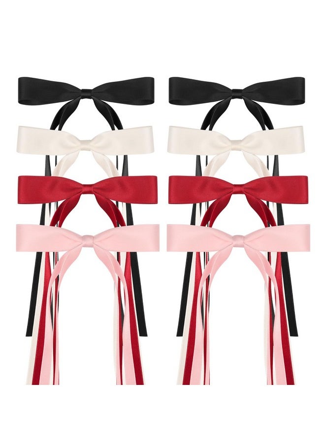 EWAGOA 8 PCS Silky Satin Hair Bows with Tassel for Women Grils, Tassel Ribbon Bowknot Hair Clips for Ponytail Holder. Pink, Red Hair Bow and Black, White Barrettes Claw Bow  - Image 1