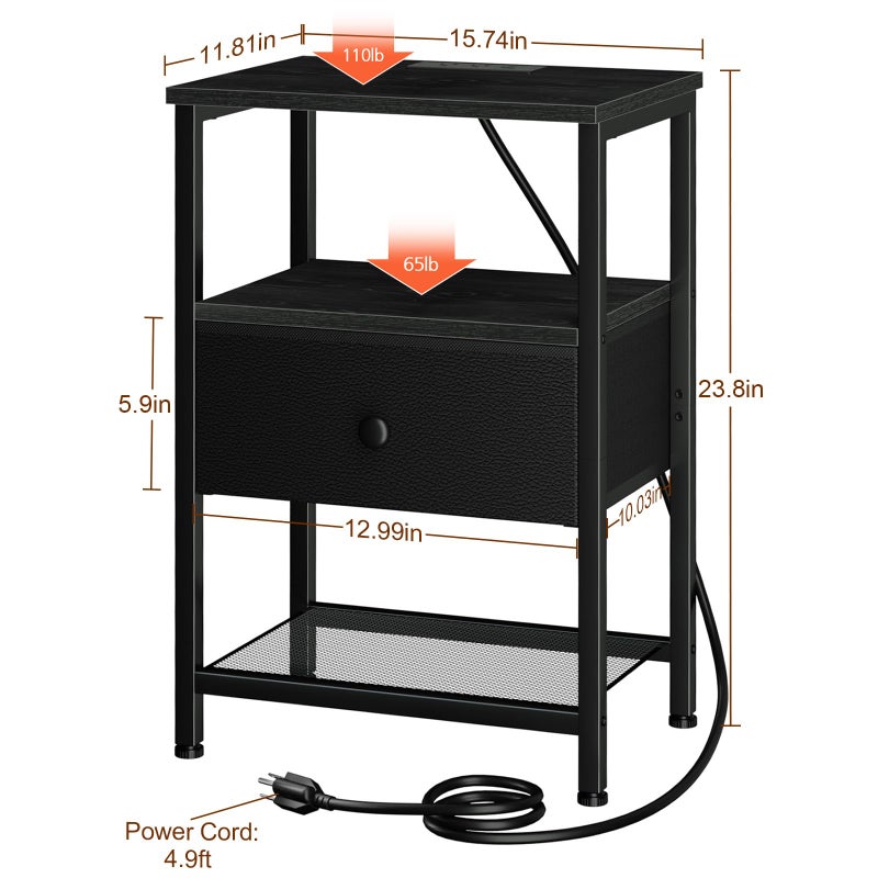 LOAKEKEL Night Stand with Charging Station, Small Bedside Table with Fabric Drawer, Nightstand with USB Ports & Outlets for Bedroom, Black, HETS010BK-1 - Image 5