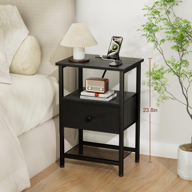 LOAKEKEL Night Stand with Charging Station, Small Bedside Table with Fabric Drawer, Nightstand with USB Ports & Outlets for Bedroom, Black, HETS010BK-1 - Image 2