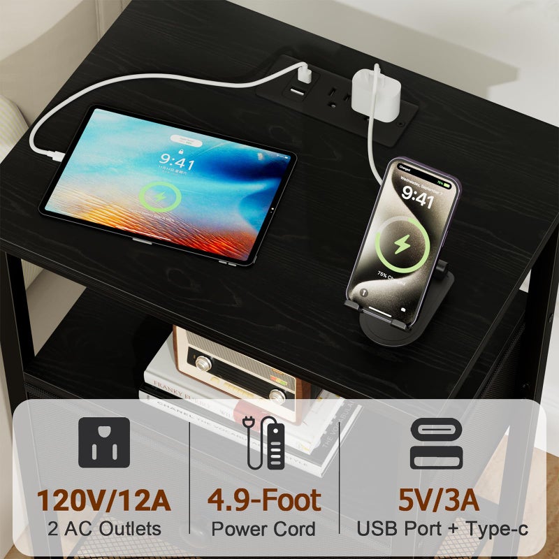 LOAKEKEL Night Stand with Charging Station, Small Bedside Table with Fabric Drawer, Nightstand with USB Ports & Outlets for Bedroom, Black, HETS010BK-1 - Image 3