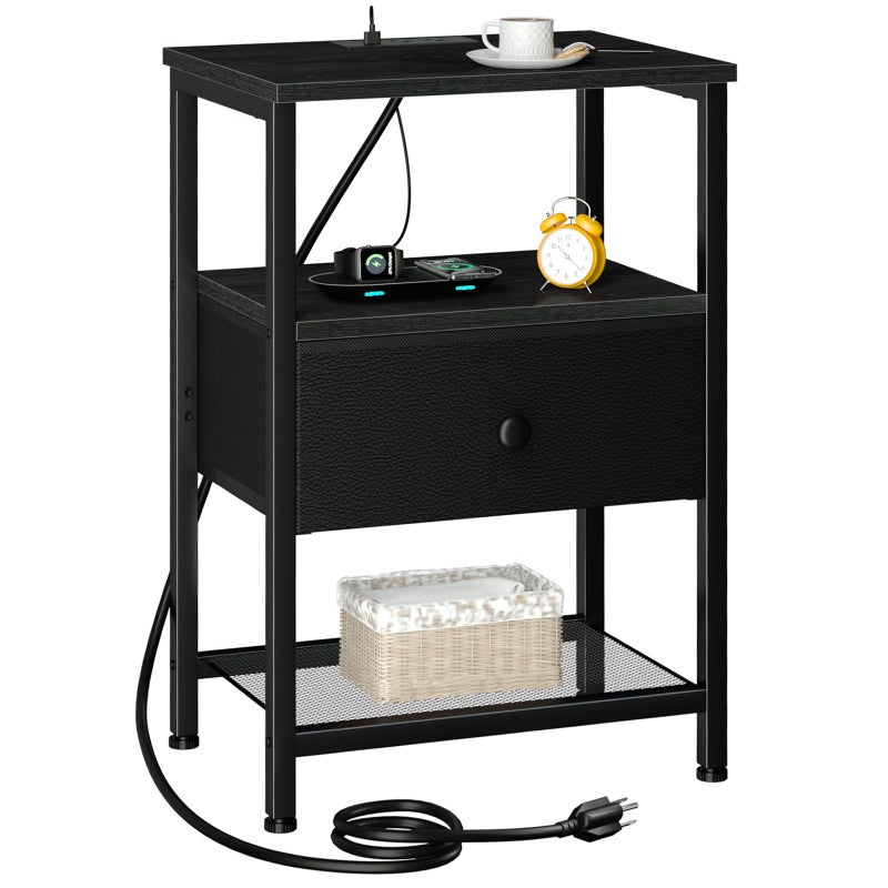 LOAKEKEL Night Stand with Charging Station, Small Bedside Table with Fabric Drawer, Nightstand with USB Ports & Outlets for Bedroom, Black, HETS010BK-1 - Image 1