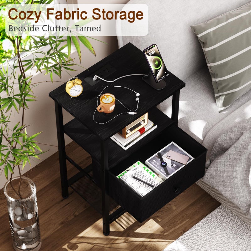 LOAKEKEL Night Stand with Charging Station, Small Bedside Table with Fabric Drawer, Nightstand with USB Ports & Outlets for Bedroom, Black, HETS010BK-1 - Image 4