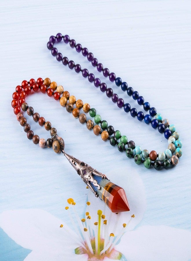 Bivei 6mm Mala Bead 108 Necklace, 12 Faceted Prism Witch Pendulum Crystal Necklace with Real Stones Chakra Beads Necklaces for Meditation Yoga(7 Chakra Crystal Mala) - Image 5