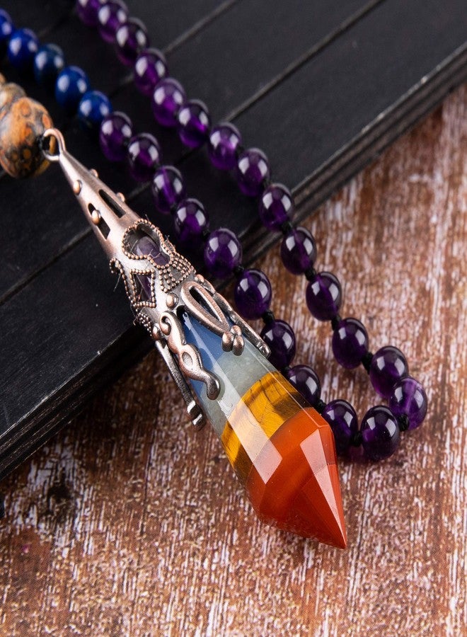 Bivei 6mm Mala Bead 108 Necklace, 12 Faceted Prism Witch Pendulum Crystal Necklace with Real Stones Chakra Beads Necklaces for Meditation Yoga(7 Chakra Crystal Mala) - Image 3